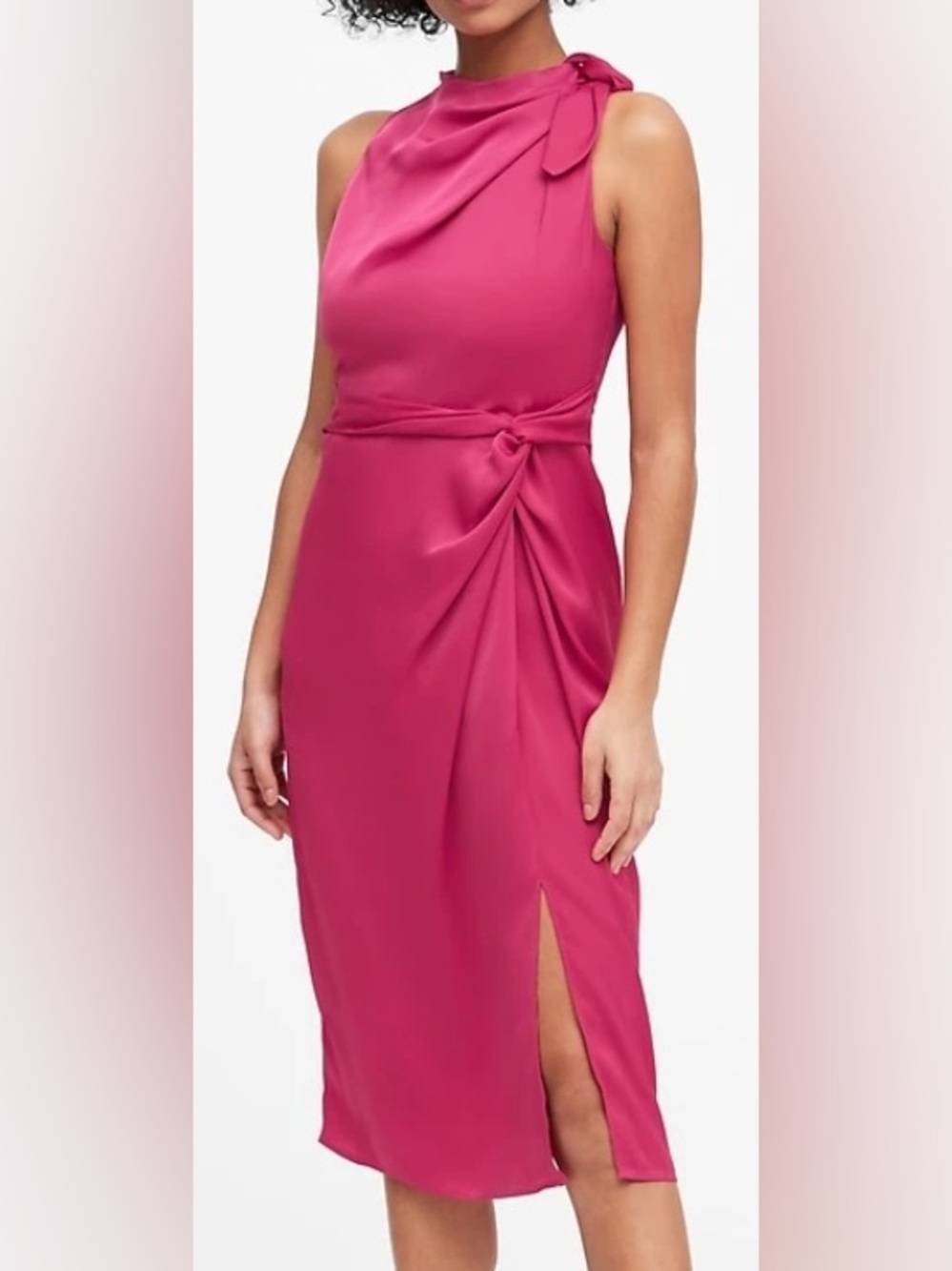 BANANA REPUBLIC Satin Tie-Neck Sheath Dress Knot-Waist Midi Dress Petite 2